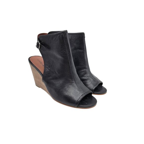 Lucky Brand Size 9 Peep Toe Black Leather Shooties Sandals Wedge Heel Sling Back - Picture 1 of 11